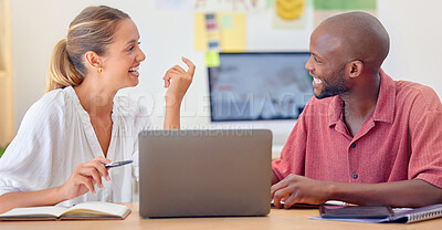 Buy stock photo Business people, startup meeting and talking with laptop in office for planning, funny joke and diversity. Group, laugh and comic black man with woman, computer or idea for proposal, solution or goal