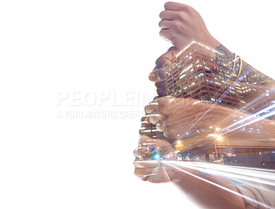 Buy stock photo Hand fist, city overlay and business people together in solidarity, community support on studio team building. Collaboration mockup, architecture teamwork and group power isolated on white background