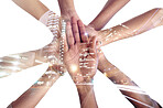 Hands, together and team, connection and support, city overlay and double exposure on white background. Collaboration, trust and people in studio with low angle, unity and solidarity with diversity