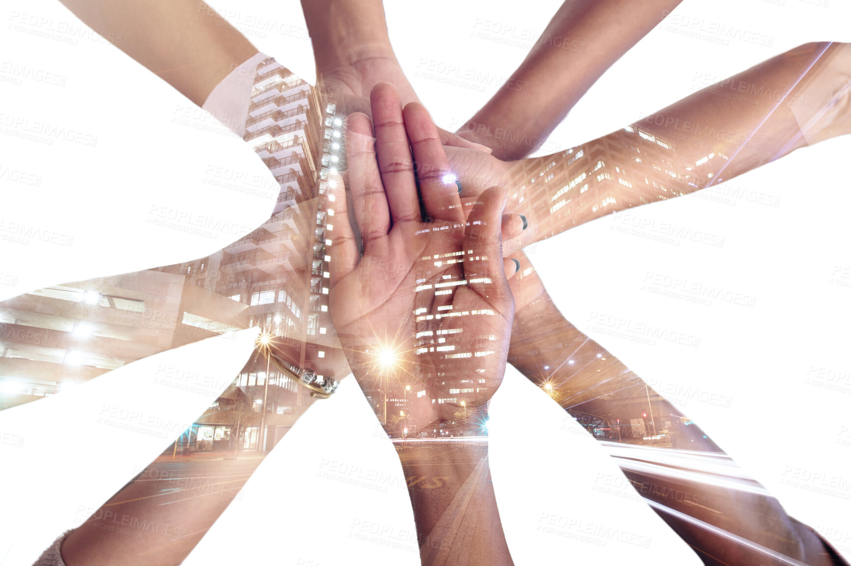 Buy stock photo Hands, together and team, connection and support, city overlay and double exposure on white background. Collaboration, trust and people in studio with low angle, unity and solidarity with diversity