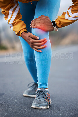 Buy stock photo Fitness, legs and woman with knee pain injury from workout challenge, sports performance or outdoor exercise. Running problem, athlete training accident or hurt person with muscle strain emergency