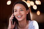 Phone call, mobile communication and face of happy woman listening, talking and chat to digital networking contact. Discussion, consulting or teen person smile, speaking and on cellphone conversation