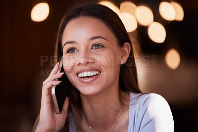 Buy stock photo Phone call, mobile communication and face of happy woman listening, talking and chat to digital networking contact. Discussion, smile or teen person smile, speaking and on cellphone conversation