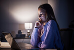 Remote work laptop, thinking and night woman contemplating university studying research, college project or home idea. Education learning focus, problem solving study and female student reading data