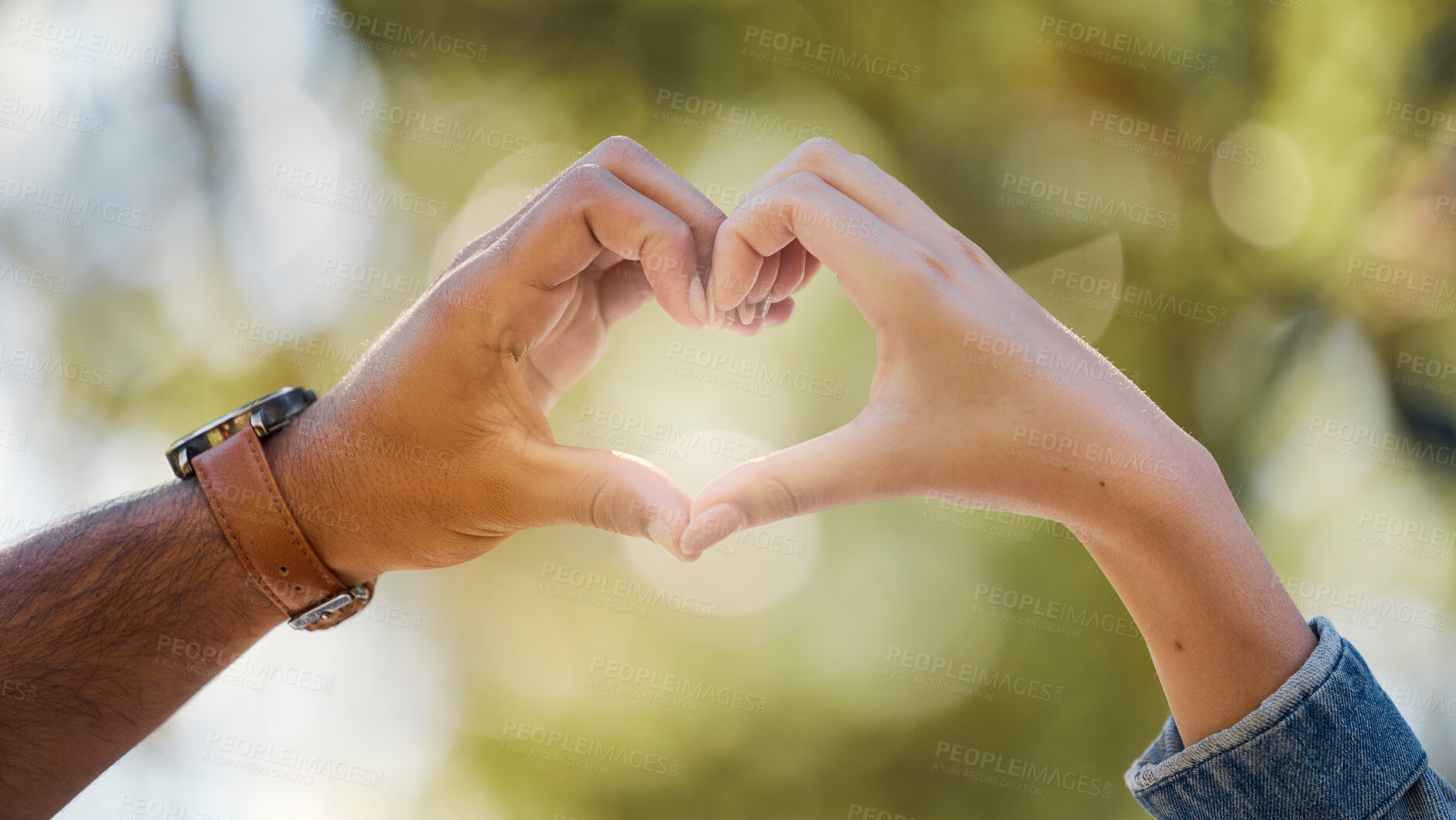 Buy stock photo Couple, heart and hands in park of love, date or marriage commitment together in garden. Closeup man, woman and finger shape of care in relationship, support and trust of hope, freedom and emoji sign