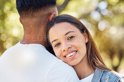 Buy stock photo Love, hug and shoulder with couple in park for bonding, affectionate and free time. Happiness, date and smile with portrait of woman hugging man in nature for relax, summer and romance on vacation