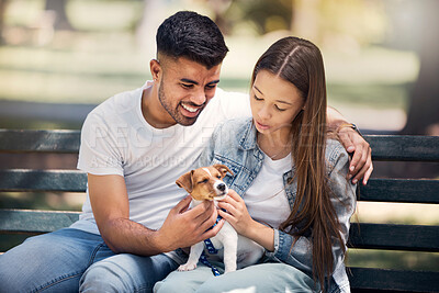 Buy stock photo Young couple, puppy and relax in park, bench and summer sunshine with happiness, care and bonding. Man, woman and small dog with touch, smile and hug for love, romance and family in nature together