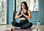 Yoga, namaste and portrait smile of woman in home for health, wellness and exercise. Pilates, meditation and happy female yogi with prayer hands for training, exercising and meditate with incense.