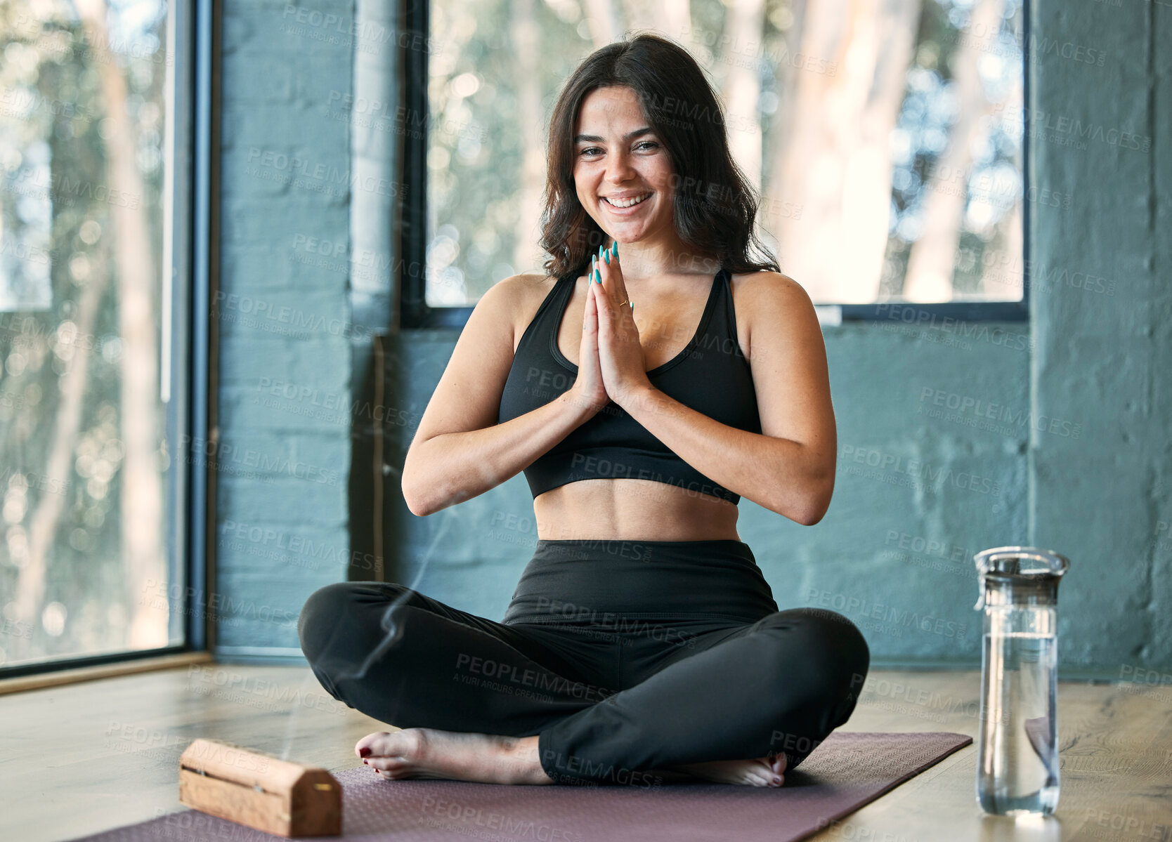 Buy stock photo Yoga, namaste and portrait smile of woman in home for health, wellness and exercise. Pilates, meditation and happy female yogi with prayer hands for training, exercising and meditate with incense.
