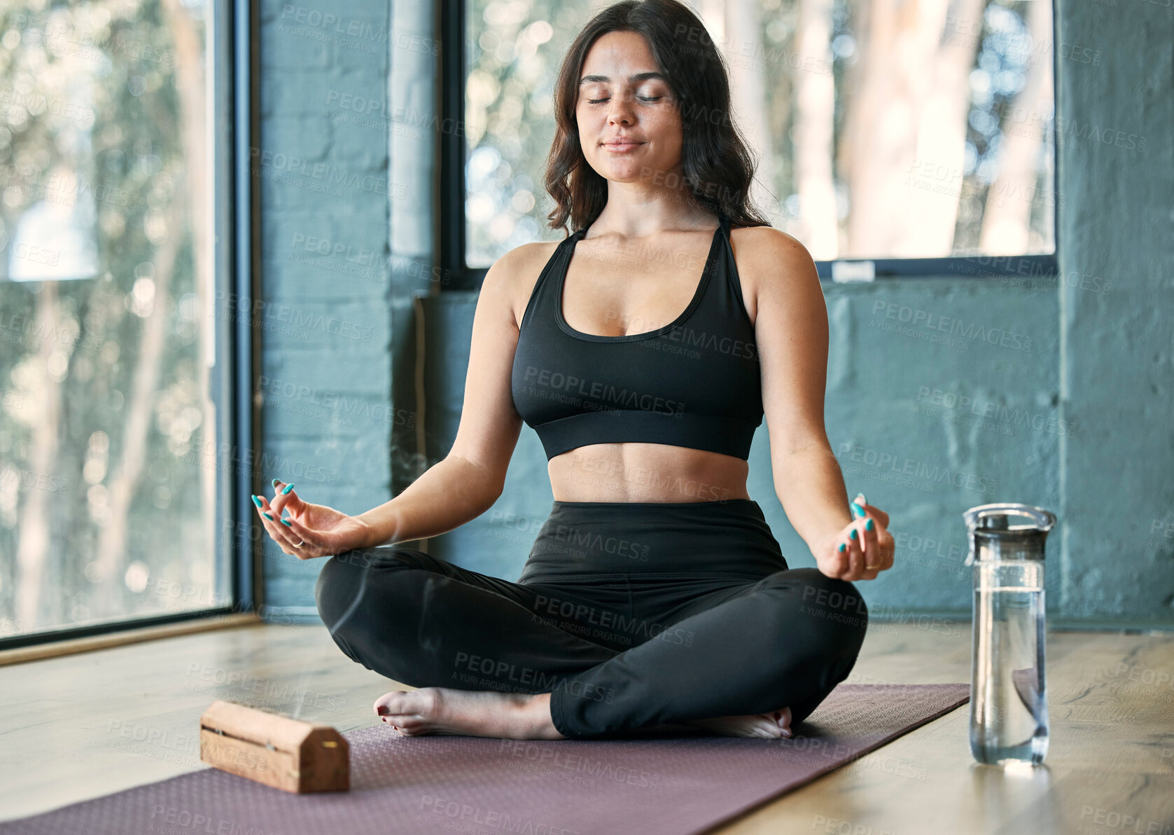 Buy stock photo Yoga, lotus meditation and woman in gym for health, wellness and mindfulness exercise. Pilates, zen chakra and calm female yogi meditate for spiritual training, holistic workout or peace with incense