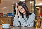 Cafe, relax and woman with coffee thinking in restaurant with hot beverage, cappuccino and latte drink. Happy, peace and girl sitting by table with contemplation, thoughtful and break on weekend