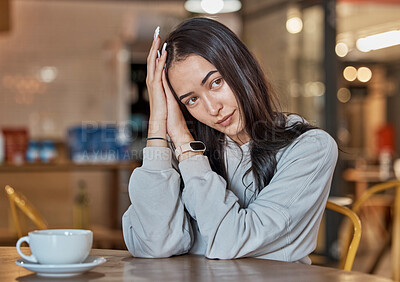 Buy stock photo Cafe, relax and woman with coffee thinking in restaurant with hot beverage, cappuccino and latte drink. Happy, peace and girl sitting by table with contemplation, thoughtful and break on weekend