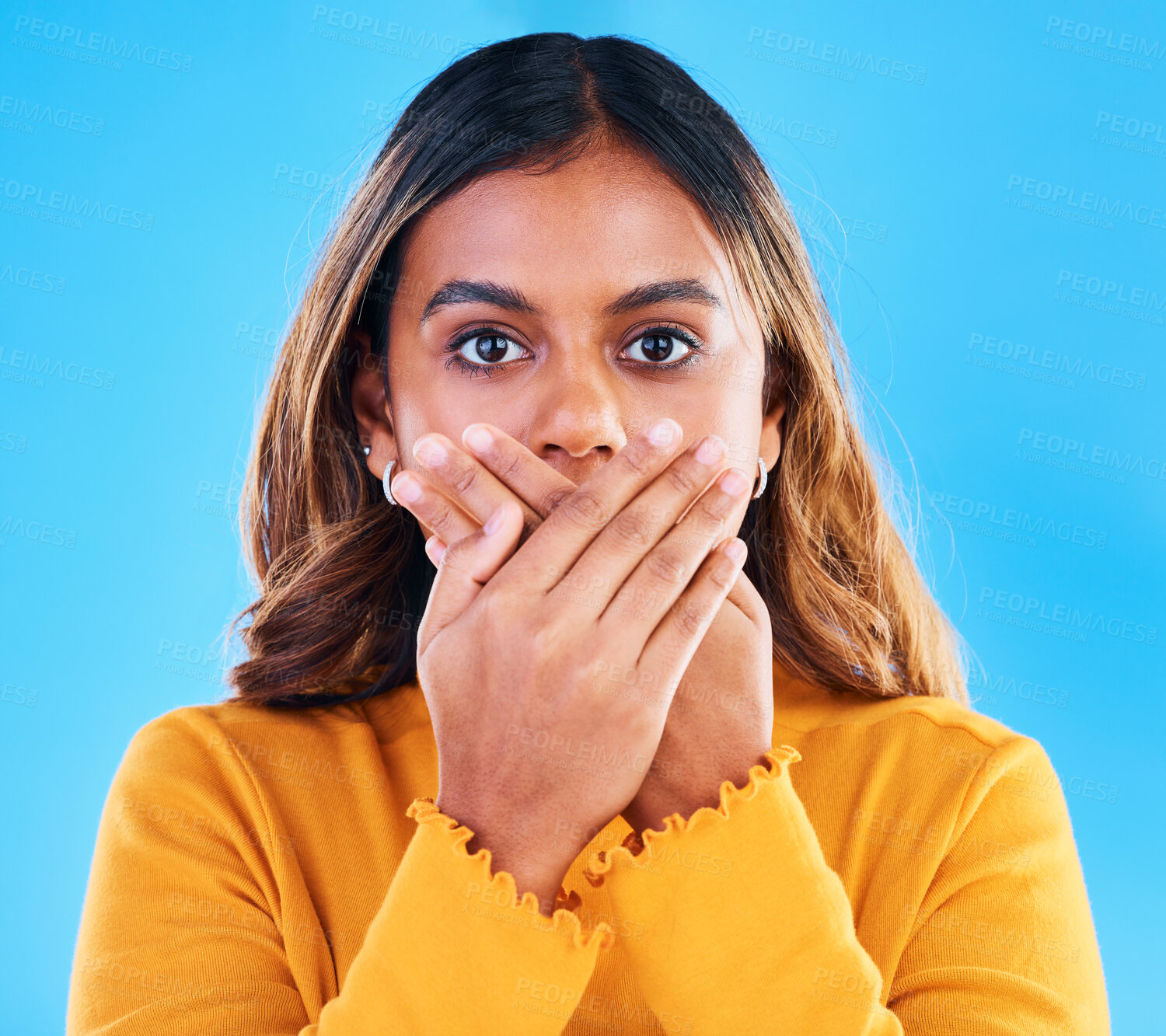 Buy stock photo Shock, surprise and portrait of a woman in a studio with a omg, wtf or wow face expression. Amazed, shocked and female model posing with a surprised reaction to news isolated by a blue background.