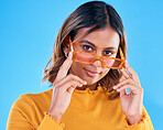 Fashion sunglasses, teen portrait or woman with casual clothes, designer brand sunglasses or chic outfit style. Gen z summer aesthetic, teenager face or young female model on blue background studio