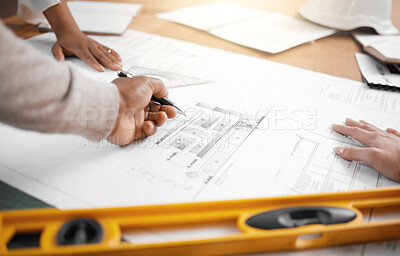 Buy stock photo Hands, collaboration and planning with an architecture team working in their office on design from above. Teamwork, construction or blueprint with an architect, designer and engineer at work together