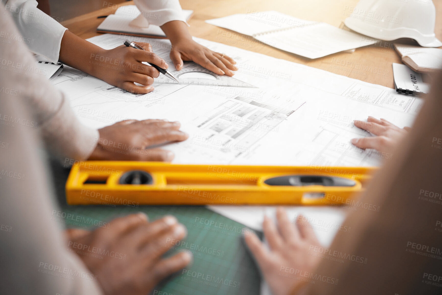 Buy stock photo Hands, collaboration and design with a architecture team working in their office for planning from above. Teamwork, construction or blueprint with an architect, designer and engineer at work together