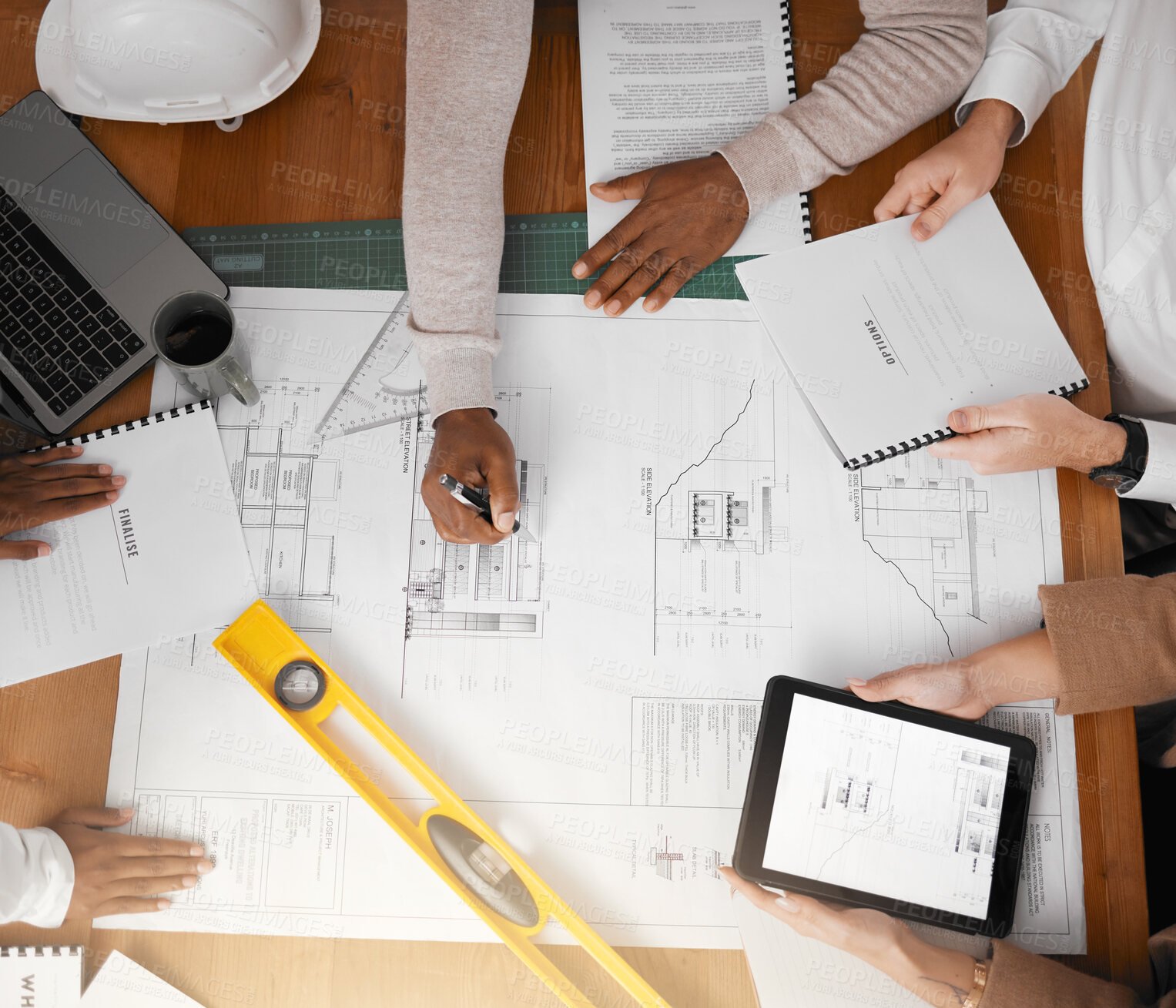 Buy stock photo Tablet, floor plan and architecture people planning, project management and teamwork for design illustration. Engineering group or team hands collaboration on digital screen of blueprint construction