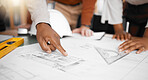 Hands, collaboration and design with a building team working in their office on architecture from above. Teamwork, construction or blueprint with an architect, designer and engineer at work together