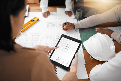 Buy stock photo Tablet, floor plan and engineering people planning, project management and teamwork for design illustration. Architecture group or team hands collaboration on digital screen of blueprint construction