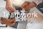 Puzzle, teamwork hologram or engineering hands in meeting for solutions, support or partnership. Collaboration top, jigsaw zoom or group of people problem solving business goals or target together