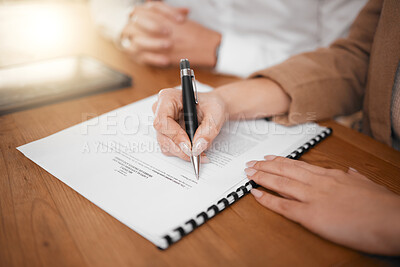 Buy stock photo Business people, hands and signing contract for hiring, interview or legal document in recruitment on desk. Hand of woman writing paperwork or filling form for hire, recruiting process or signature