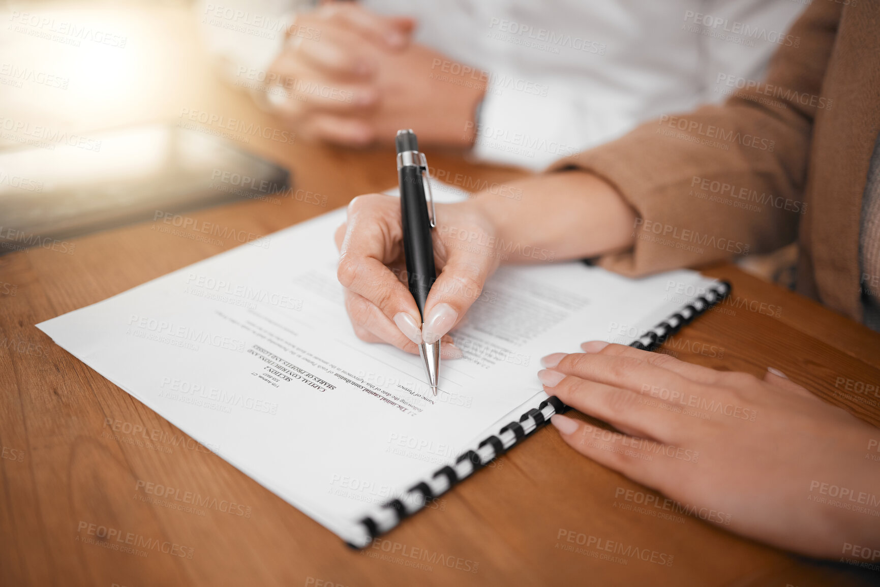 Buy stock photo Business people, hands and signing contract for hiring, interview or legal document in recruitment on desk. Hand of woman writing paperwork or filling form for hire, recruiting process or signature