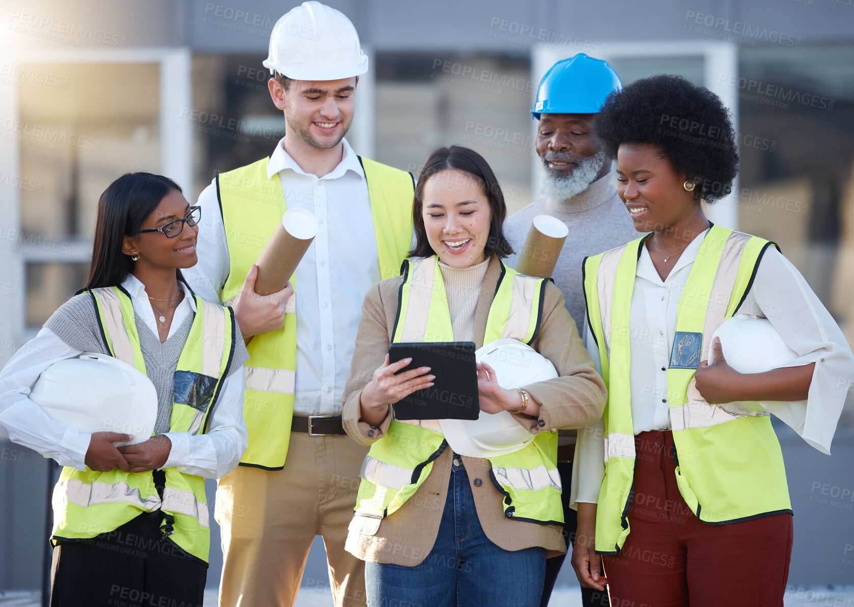 Buy stock photo Engineering, tablet and people planning, teamwork and collaboration for project management design of blueprint. Construction worker, contractor or architecture manager and team on digital technology