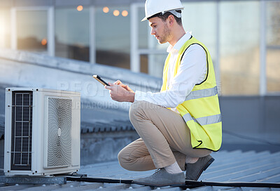 Buy stock photo Man, engineer and tablet on roof for air conditioning maintenance, tech and digital analysis. Technician, mobile touchscreen and rooftop for ac repair for building, industry and development in city