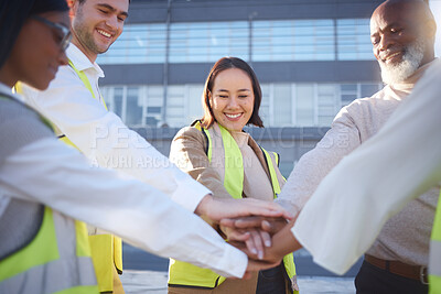 Buy stock photo Hands stacked, teamwork and engineering people for support, collaboration and project mission in urban planning. Architecture group or team with hands together sign, job or construction worker goals