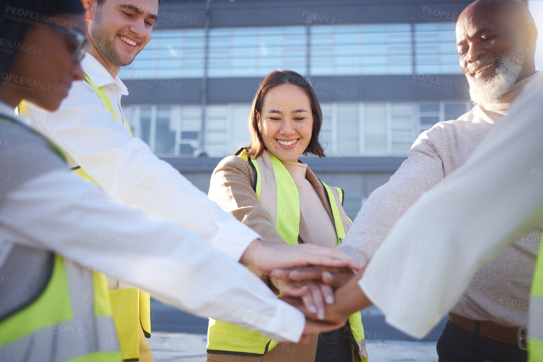 Buy stock photo Hands stacked, teamwork and engineering people for support, collaboration and project mission in urban planning. Architecture group or team with hands together sign, job or construction worker goals