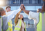 Teamwork, high five and engineering people success, support and collaboration for project mission or urban planning. Group, architecture team and hands together sign for construction worker goals