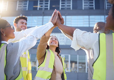 Buy stock photo Teamwork, high five and engineering people success, support and collaboration for project mission or urban planning. Group, architecture team and hands together sign for construction worker goals