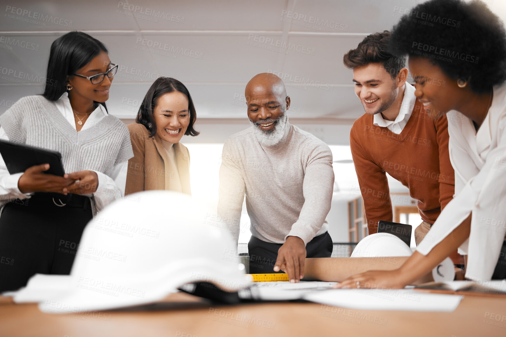 Buy stock photo Architecture, planning or engineering team in meeting for innovation, construction or project development. Blueprint collaboration, goal or happy senior manager with group of women in office building