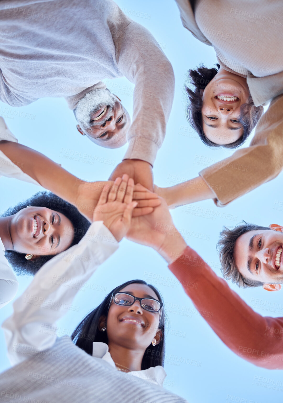 Buy stock photo Low angle, hands or happy people portrait in meeting for innovation, success or project development. Collaboration huddle, teamwork or group of men or women with goals, strategy plan or mission