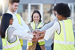 Teamwork, hands stacked and engineering people for support, collaboration and project mission in industrial diversity. Group of architecture team in together hand sign for construction worker goals
