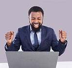 Laptop, celebration and black man in business, studio or achievement of target, goals or motivation. Happy male worker, computer or celebrate success of winner, bonus or fist of winning surprise deal