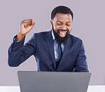 Winning, laptop and black man isolated on gray background for stock market, trading or business bonus with fist pump. Yes, success and winner person on computer sales, profit or celebration in studio
