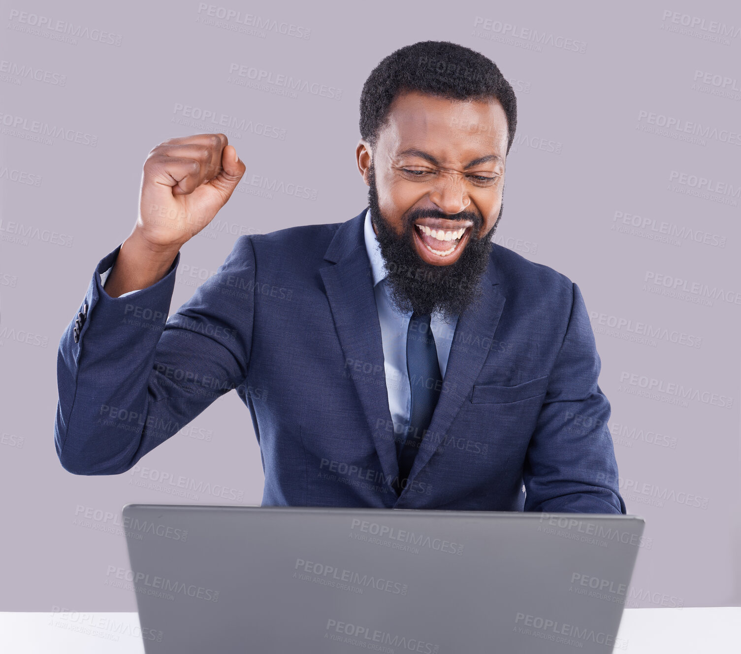 Buy stock photo Winning, laptop and black man isolated on gray background for stock market, trading or business bonus with fist pump. Yes, success and winner person on computer sales, profit or celebration in studio