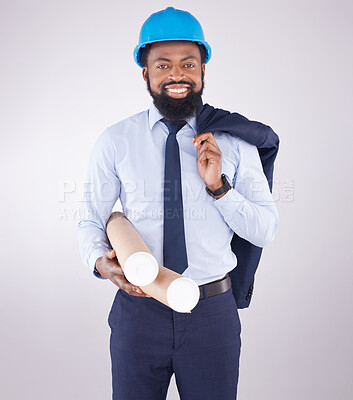 Buy stock photo Black man, architect and studio portrait with blueprint for design, project and property by white background. African architecture engineer, smile and excited face for real estate construction