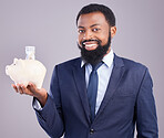 Black man, piggy bank and portrait smile for financial investment or savings against a white studio background. Happy African American businessman holding cash or money pot for investing in finance