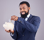 Black man, piggy bank and portrait smile in finance, budget or savings against a white studio background. Happy African American businessman holding cash and money pot for financial investment plan