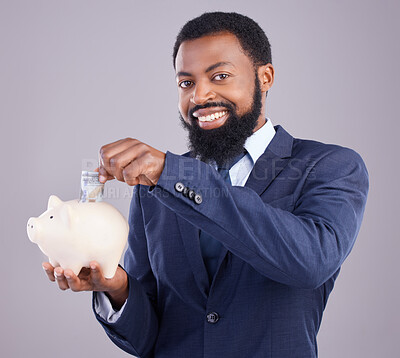 Buy stock photo Black man, piggy bank and portrait smile in finance, budget or savings against a white studio background. Happy African American businessman holding cash and money pot for financial investment plan