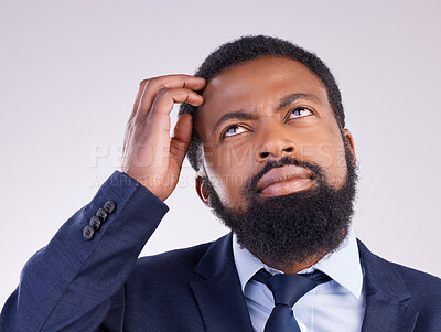 Buy stock photo Confused business man thinking in studio of ideas, doubt and remember questions in mindset. Black male model, scratching head and looking up for solution, decision and memory of why, risk and choice