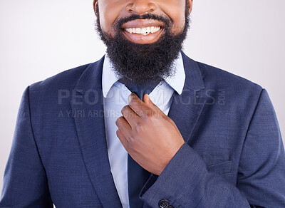 Buy stock photo Corporate, black man and fixing tie in studio for business fashion, manager and professional clothes in leadership. Closeup, happy executive and male model in suit for CEO, confidence and happiness 