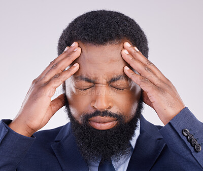 Buy stock photo Business, headache and black man in studio of anxiety, debt and frustrated for stock market crash. Corporate male, face and stress in pain, burnout and bankruptcy of financial crisis, risk or problem