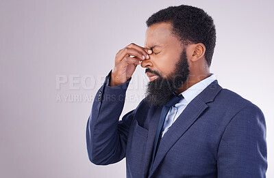Buy stock photo Business, headache and black man in white background of anxiety, debt and frustrated on studio mockup. Corporate male, face and stress of pain, burnout and bankruptcy in problem of financial failure 