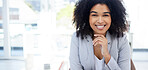 Happy, space and portrait of a woman at work for success, executive job and corporate professional. Smile, pride and a female employee at an agency for business, career successful with mockup