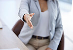 Business woman, welcome or handshake for job interview, hr recruitment or human resources introduction in corporate office. Collaboration, greeting or partnership gesture for worker or hiring manager