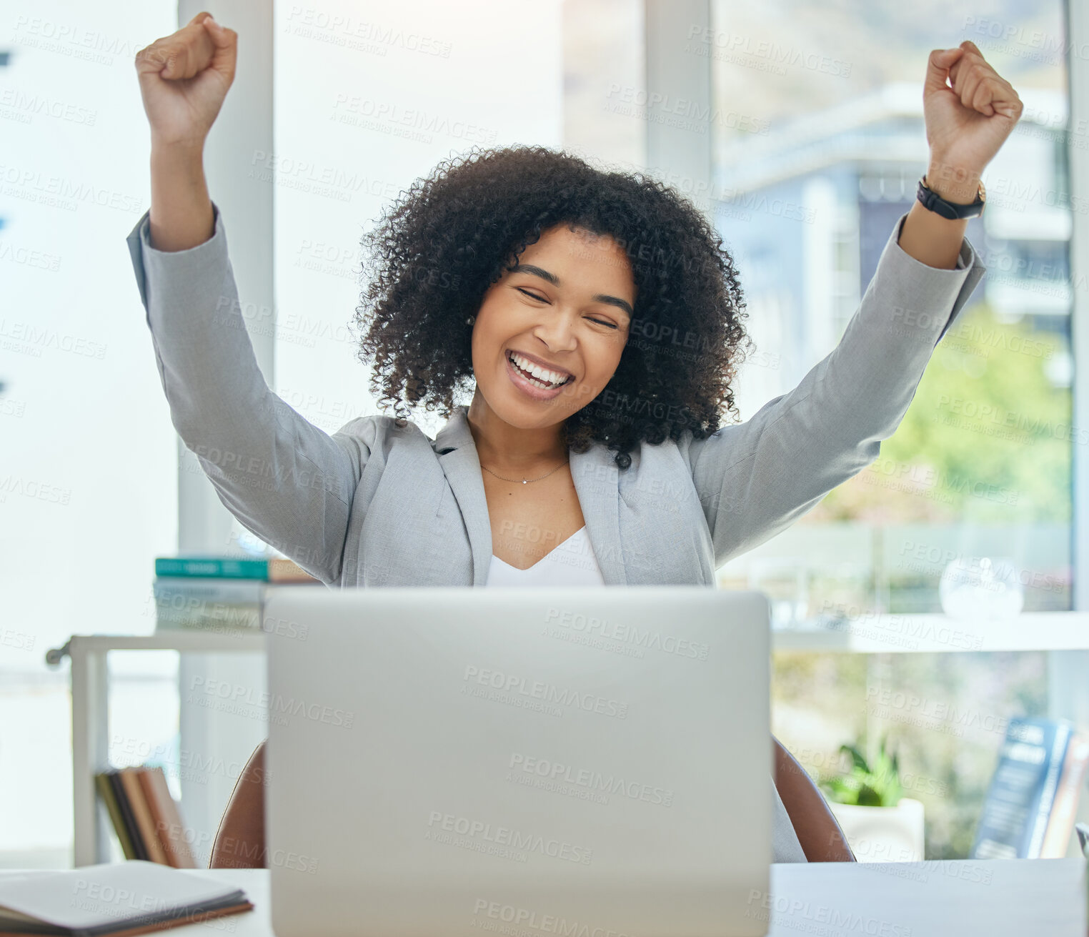 Buy stock photo Business woman, laptop and celebration success for financial bonus, achievement or investment growth target. Smile, happy and winner corporate worker with technology, cheering hands or banking profit