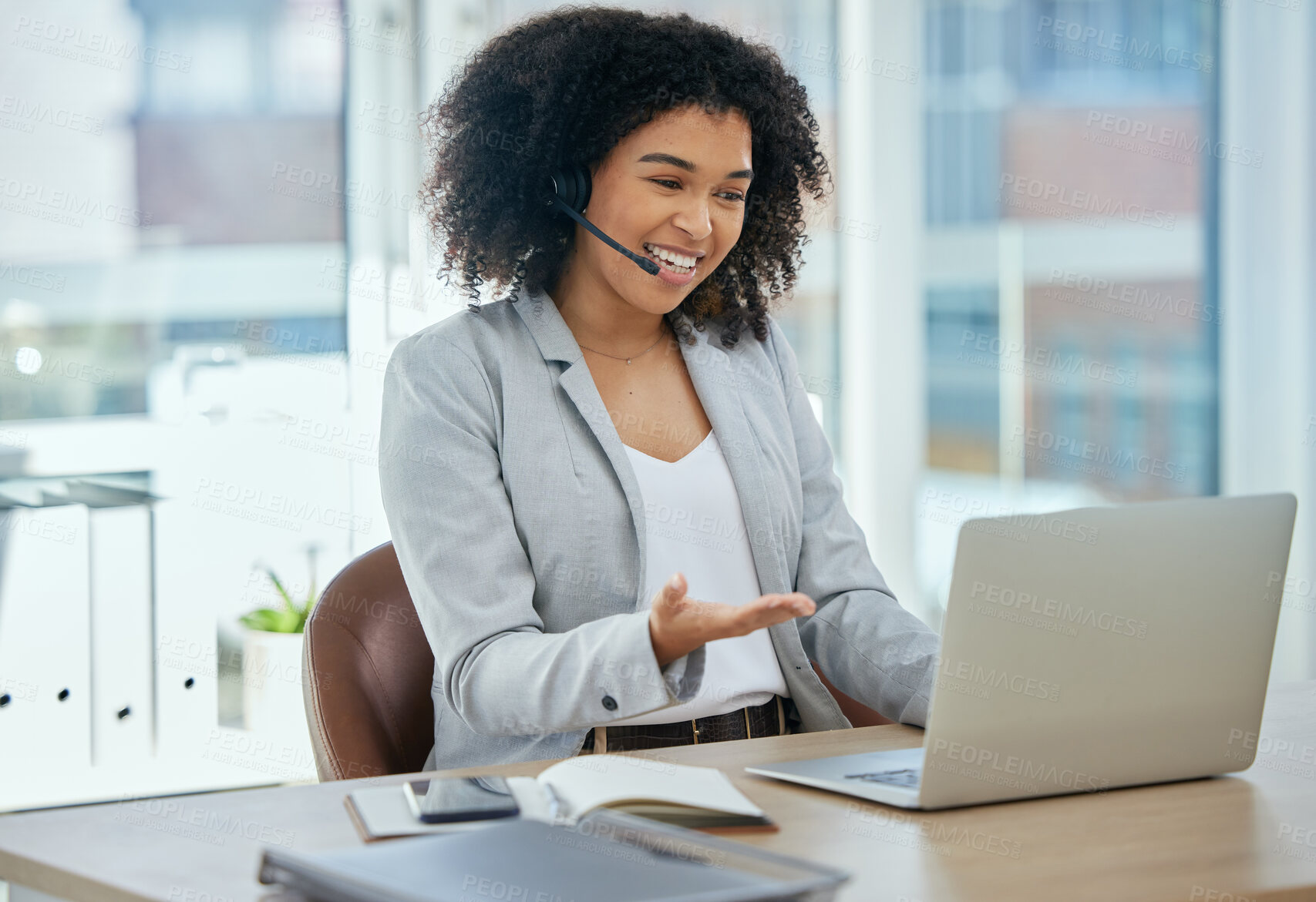 Buy stock photo Happy woman, laptop or talking in call center, customer support or CRM consulting in contact us office. Smile, speaking or business receptionist on headset technology in communication, help or advice